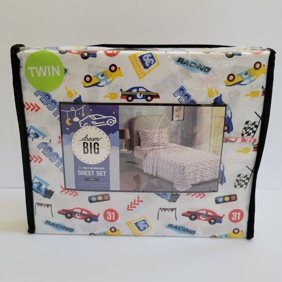 Racing Race Car Speed Sports Indy Nascar Theme 3 pc Twin Sheet Set Kids Checker - Picture 1 of 10